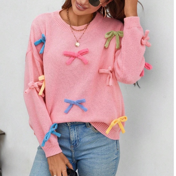 Cozy Pink Bows Oversized Loose Fit Sweater Top - Picture 3 of 5